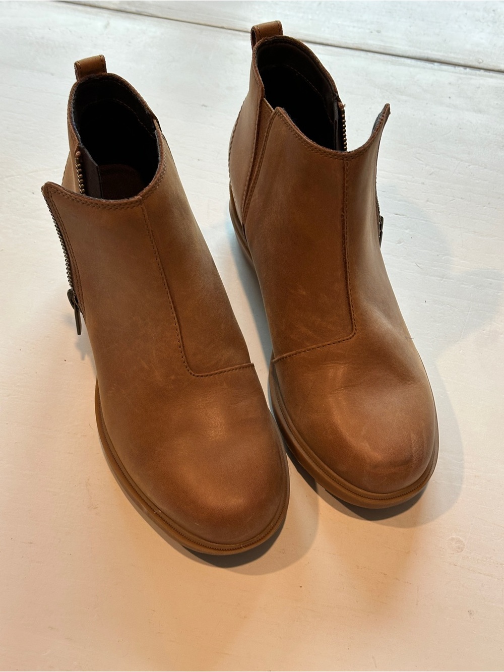 Sorel Evie II Tan Brown Leather Ankle‎ Booties Side Zip Stacked Heel Boots 8.5